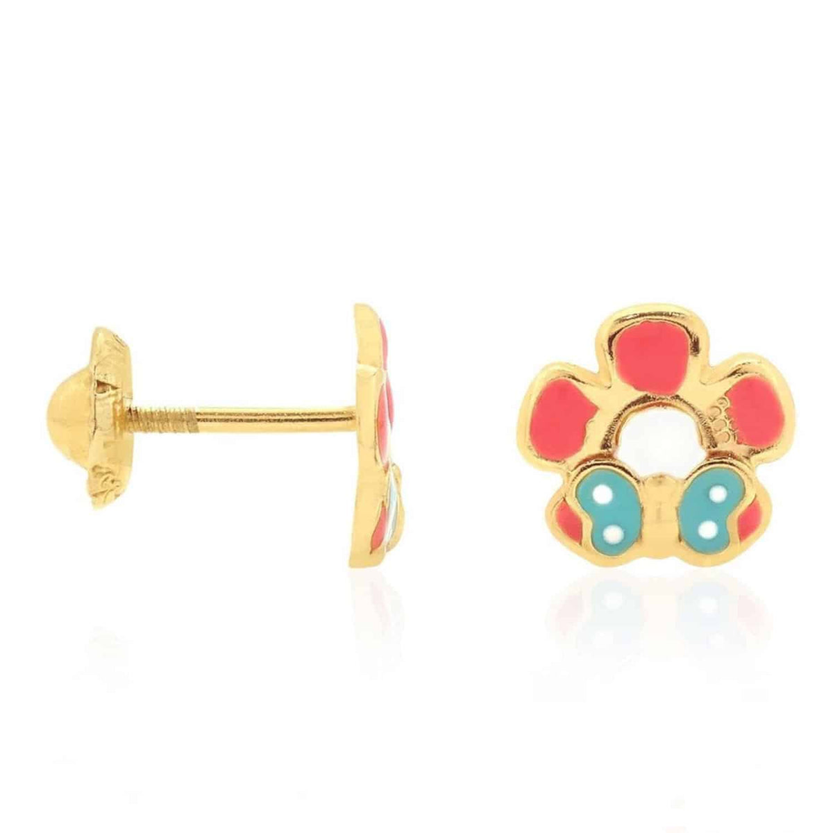 Kids 14K Yellow Gold Enamel Butterfly & Flower Screw Back Stud Earrings