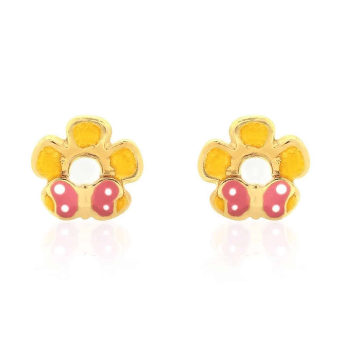 Kids 14K Yellow Gold Enamel Butterfly & Flower Screw Back Stud Earrings