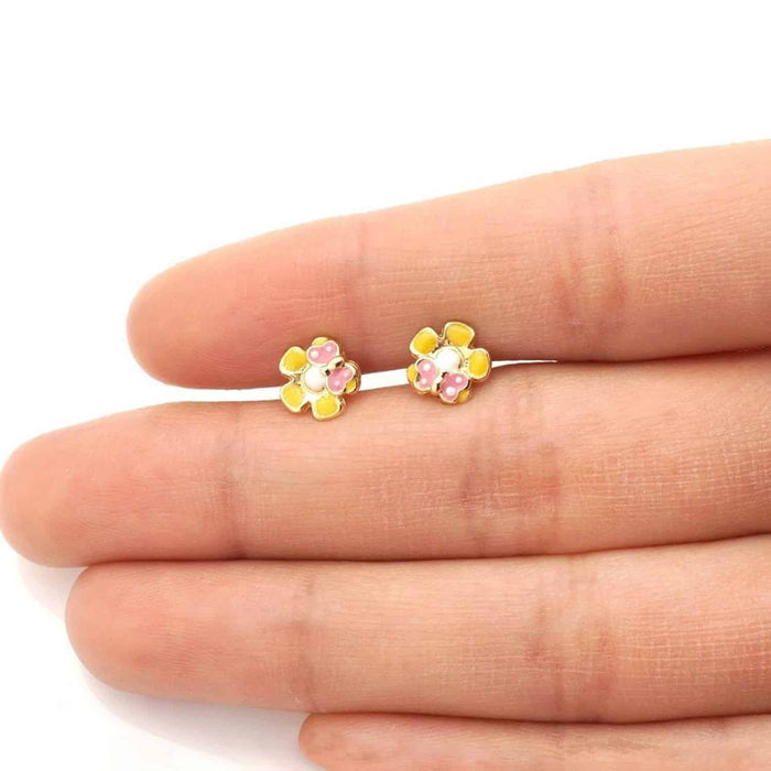 Kids 14K Yellow Gold Enamel Butterfly & Flower Screw Back Stud Earrings