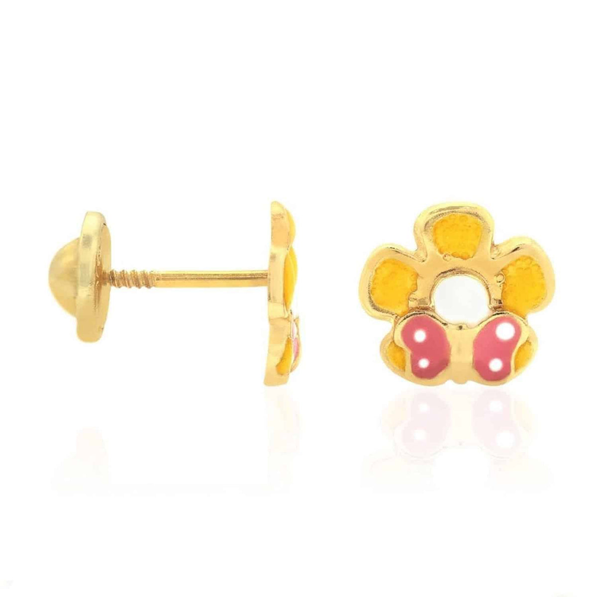 Kids 14K Yellow Gold Enamel Butterfly & Flower Screw Back Stud Earrings