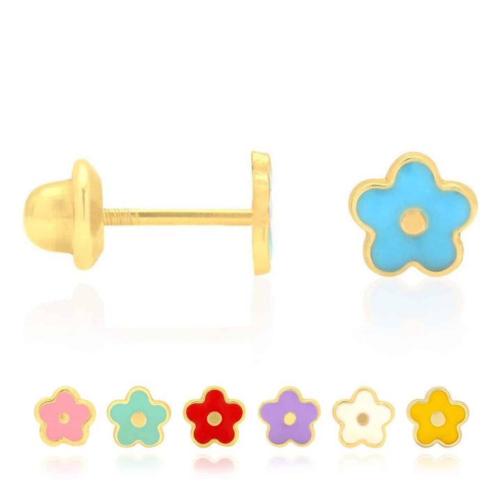 Kids 14K Gold Pink Blue Green Red White Purple Yellow Enamel Flower Earrings 7mm