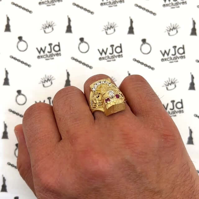 10K Gold Yellow CZ Ruby Pharaoh Nefertiti Head Ring
