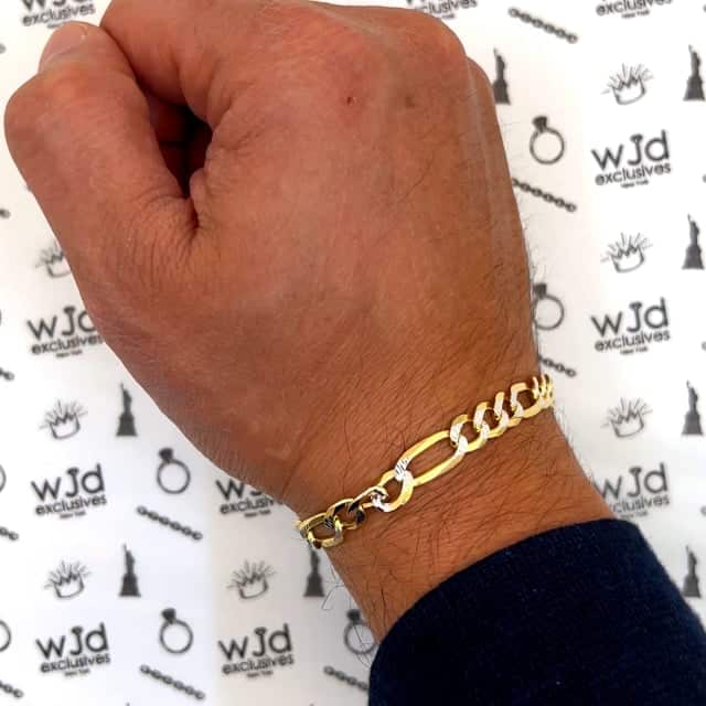 18K Yellow Gold Over Silver 7mm Diamond-Cut Pave Figaro Bracelet (Solid Links) 8.25"-9"