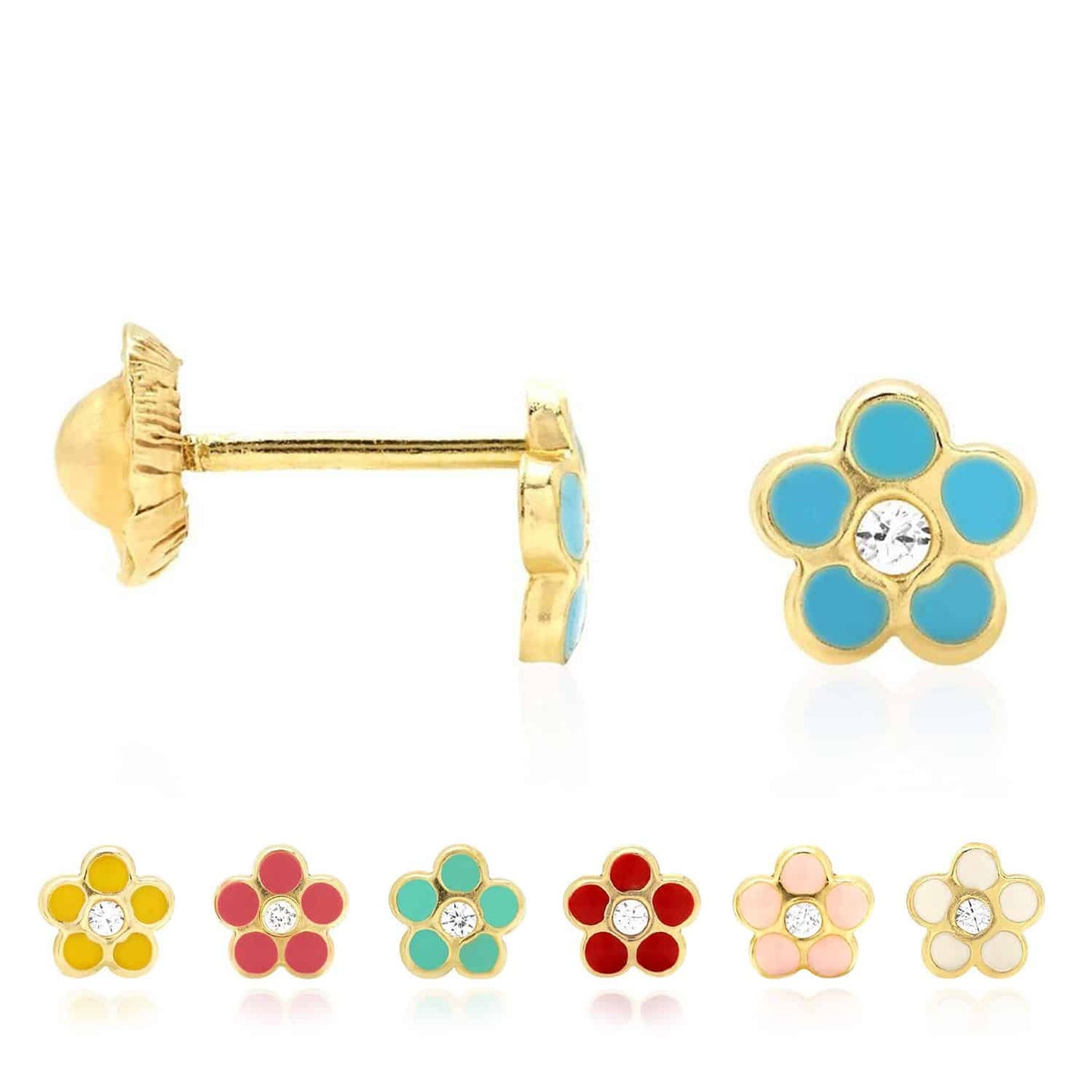 Kid's 14K Gold Red Blue Green Pink Purple Yellow Zircon Flower Stud Earrings