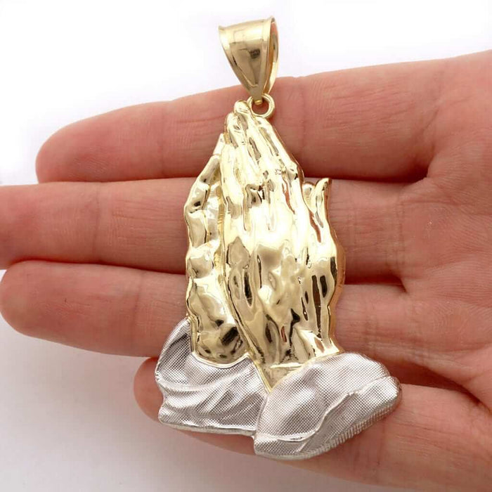 10k Two-Tone Gold Textured Diamond-Cut Praying Hands Pendant 1.18"-4"