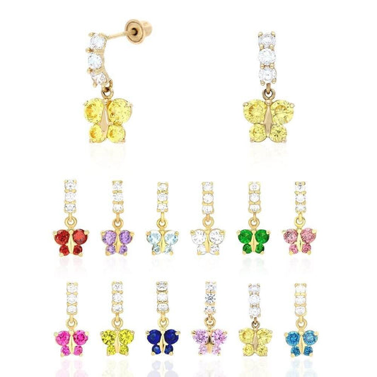 14K Yellow Gold CZ Birthstone Butterfly  Earrings 15mm