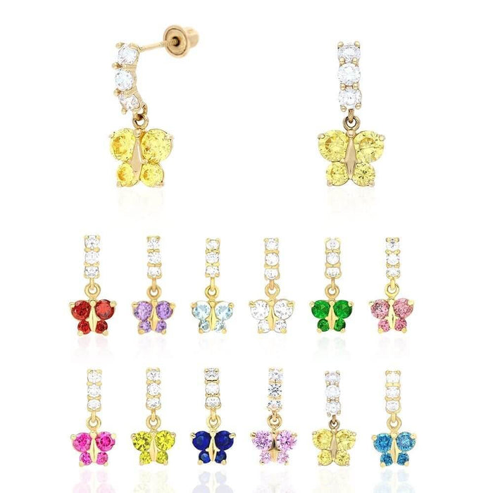 14K Yellow Gold CZ Birthstone Butterfly Earrings 15mm