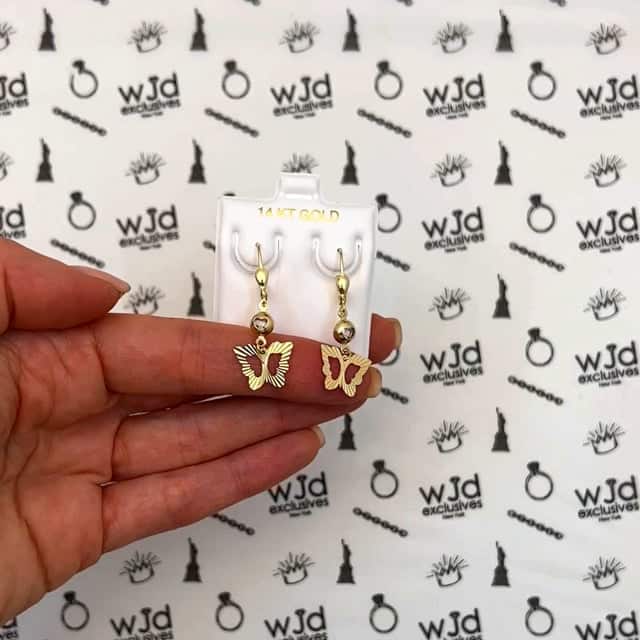 14K Yellow Gold Heart Butterfly Leverback Earrings 35mm