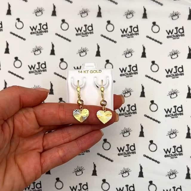 14K Yellow Gold CZ Diamond-Cut Heart Leverback Earrings 35mm