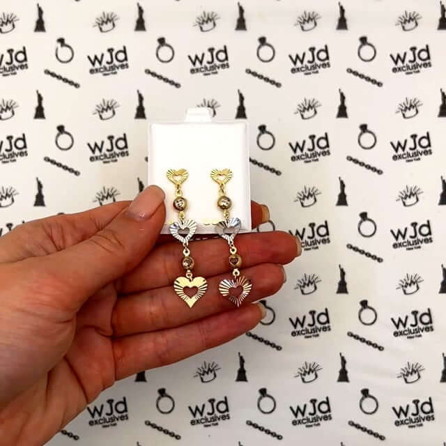 14K Gold Tri-Color Double Heart CZ Drop Earrings 35mm