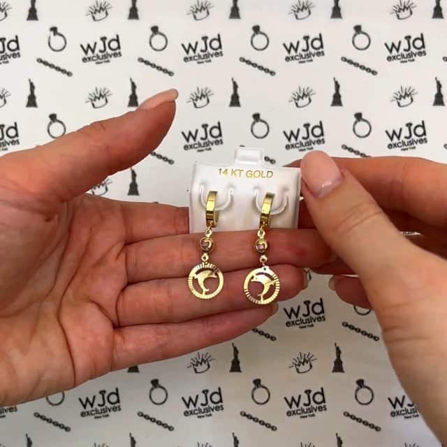 14K Yellow Gold Drop Diamond-Cut Dolphin Huggie Hoop Earrings 12mm