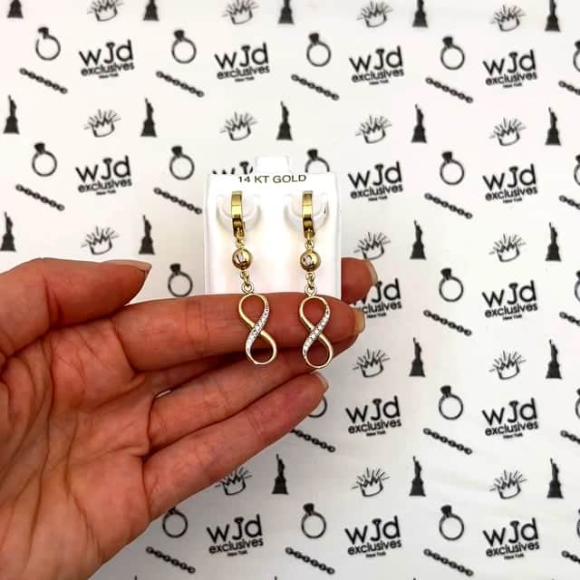 14K Yellow Gold CZ Drop Infinity Huggie Earrings 50mm