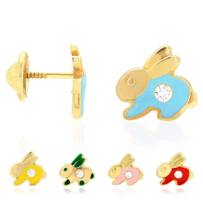 Kids 14K Gold CZ Enamel Rabbit Stud Earrings