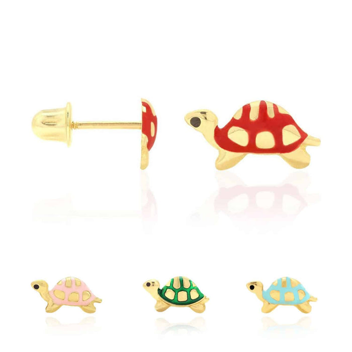 14K Yellow Gold Green Pink Red Blue Enamel Turtle Baby Screw Back Stud Earrings