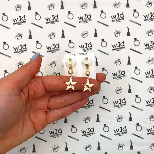 14K Yellow Rose Gold Drop Diamond-Cut Star Huggie Hoop Earrings 40mm