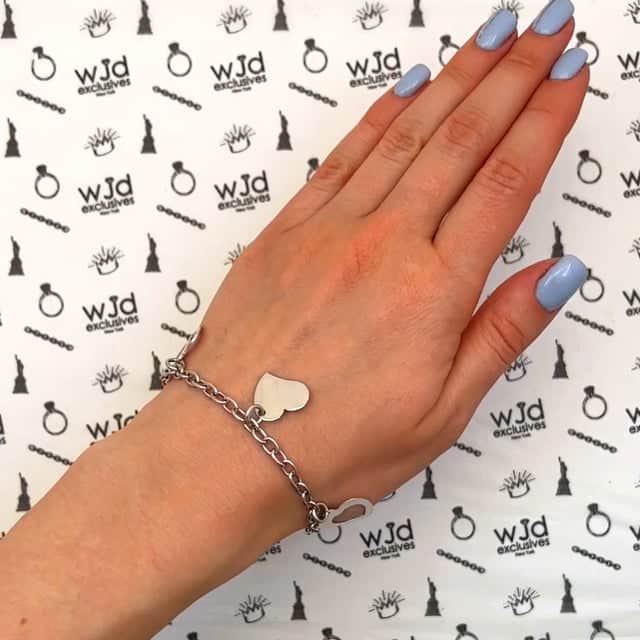 14K White Gold Rolo Hearts Charm Bracelet (Hollow) 7.5"