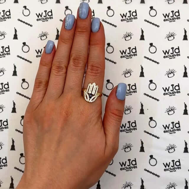 14K Yellow Gold CZ Evil Eye Hamsa Ring