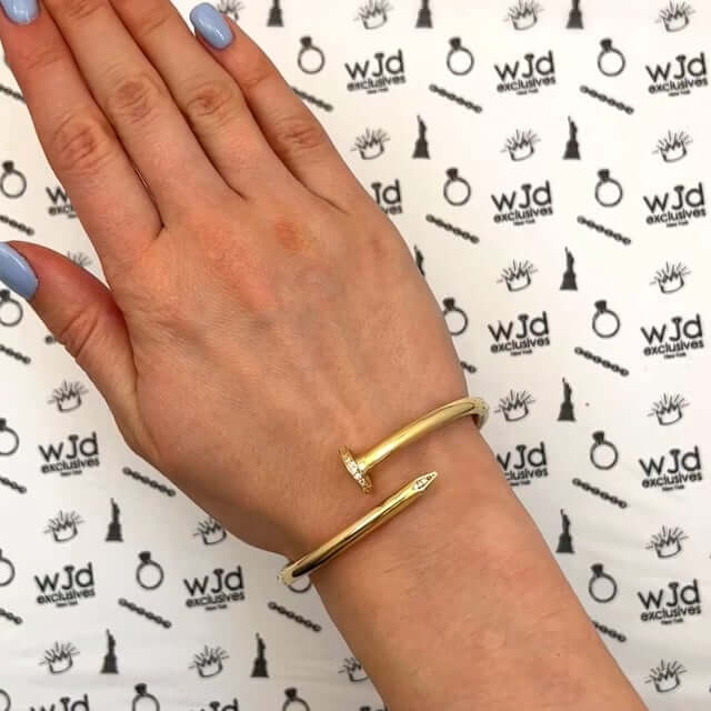 0.30CTW CZ 4mm 14K Yellow Gold Spike Cuff Bangle Bracelet (Hollow) 6.75"