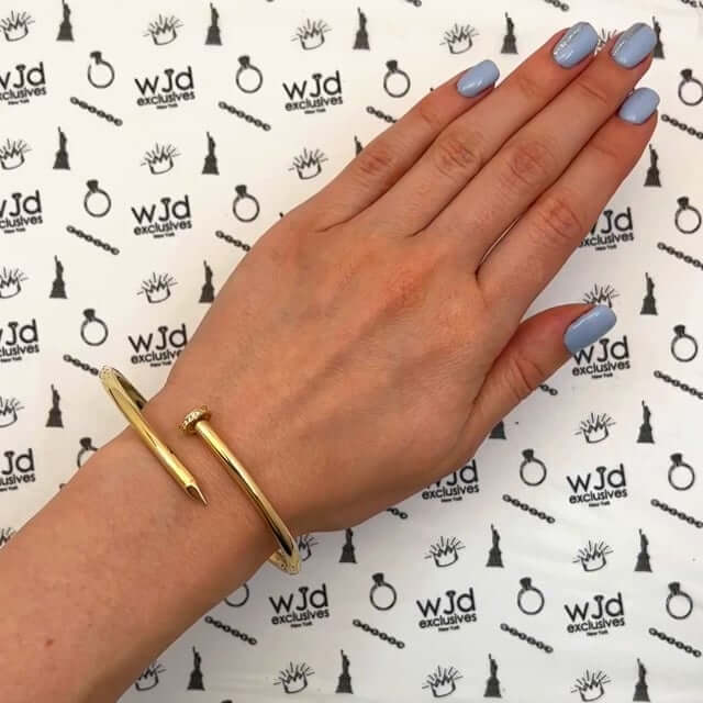 0.20CTW CZ 14K Yellow Gold Spike Cuff Hinged Bangle Bracelet (Hollow) 8"