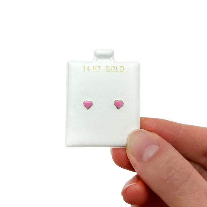 14K Yellow Gold Pink Enamel Heart Baby Screw Back Stud Kid Earrings