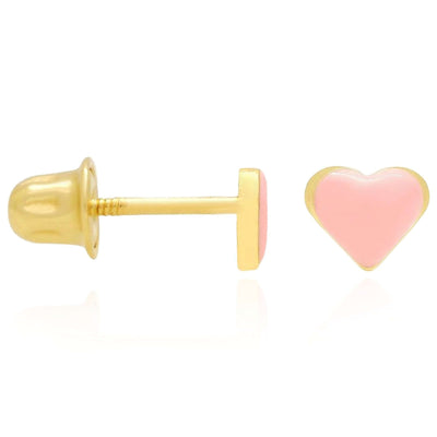 14K Yellow Gold Pink Enamel Heart Baby Screw Back Stud Kid Earrings