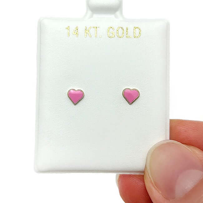 14K Yellow Gold Pink Enamel Heart Baby Screw Back Stud Kid Earrings