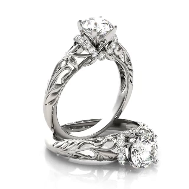 2.20CTW Real Diamond And Moissanite 18K White Gold Filigree Engagement Ring