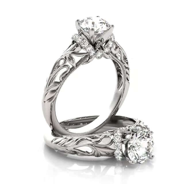 2.20CTW Natural Diamond And Moissanite 18K White Gold Filigree Engagement Ring