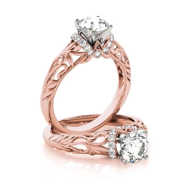 2.20CTW Real Diamond And Moissanite 18K Gold Rose Filigree Engagement Ring