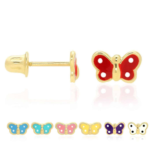 Kids 14K Real Gold Enamel Butterfly Baby Screw Back Stud Earrings 4.5mm