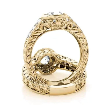 1.40CTW Real Diamond & Moissanite 18K Gold Yellow Milgrain Engagement Ring