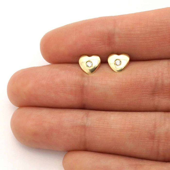 14K Yellow White Gold White Zircon Heart Screw Back Stud Kids Earrings 6mm