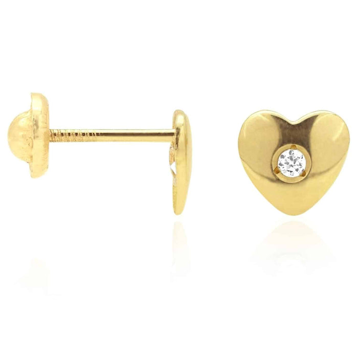 14K Yellow White Gold White Zircon Heart Screw Back Stud Kids Earrings 6mm