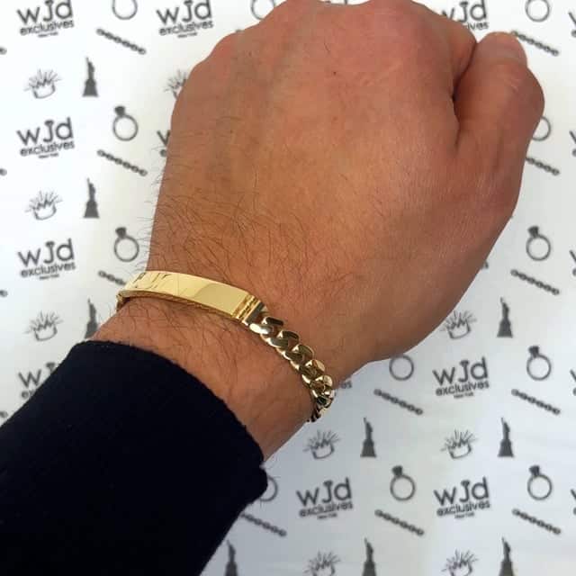 14K Yellow Gold 7mm Miami CZ Pavé Clasp ID Bar Bracelet (Hollow) 7.25"