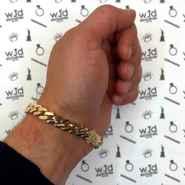 14K Yellow Gold 9mm Miami CZ Pavé Clasp ID Bar Bracelet (Hollow) 8"