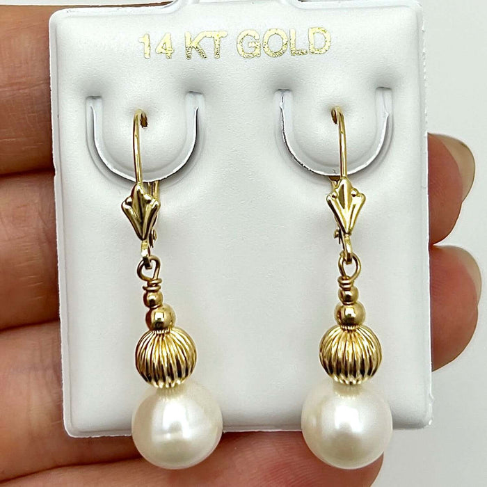 14K Yellow Gold Ball 9mm Real Pearl Dangle Drop Leverback Earrings