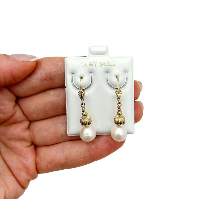 14K Yellow Gold Ball 9mm Real Pearl Dangle Drop Leverback Earrings