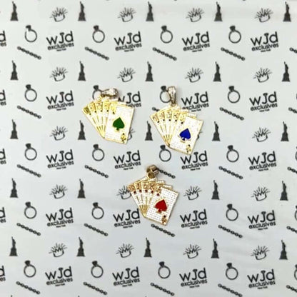 14K Yellow Gold CZ Blue Green Red Pave Playing Cards Pendant 1.9"