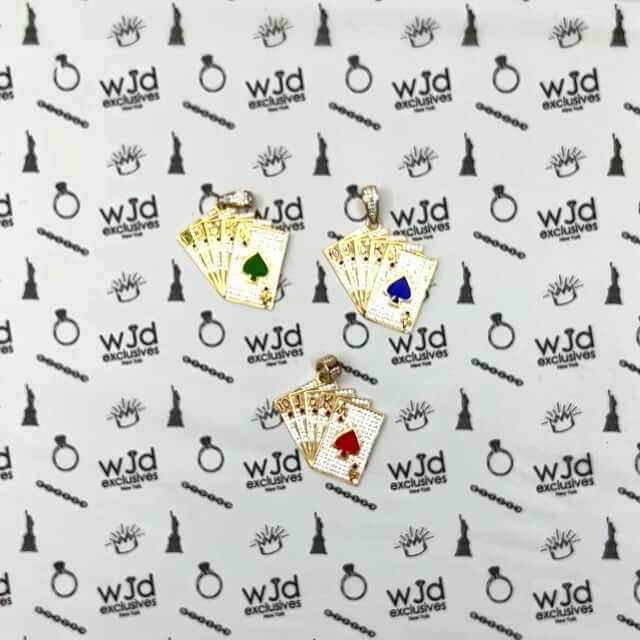 14K Yellow Gold CZ Blue Green Red Pave Playing Cards Pendant 1.9"