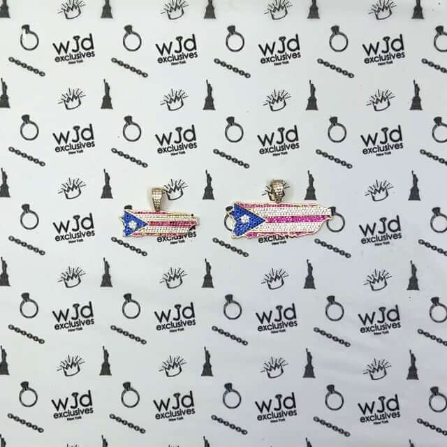 14K Yellow Gold CZ Blue Red Pave Puerto Rico Flag Map Pendant 1"