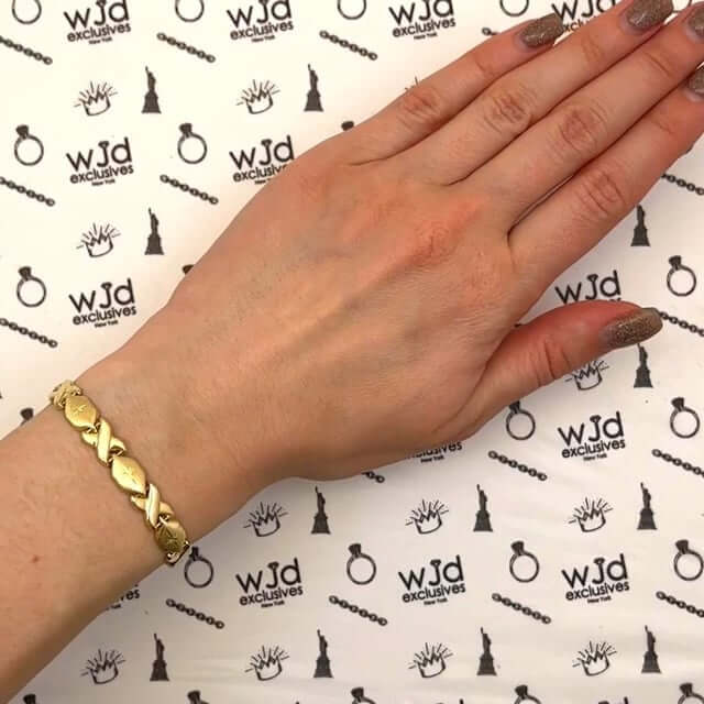 10K Gold Yellow 7mm Hollow Hugs & Kisses XO Bracelet 7.25"-8"