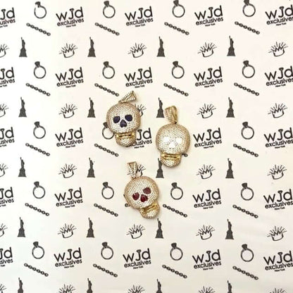 14K Yellow Gold CZ Pave Iced Out Classic Skull Charm Pendant 1.6"