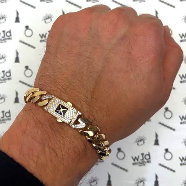 10K Yellow Gold 11mm Miami CZ Pave Box Clasp Bracelet (Hollow) 8.25"