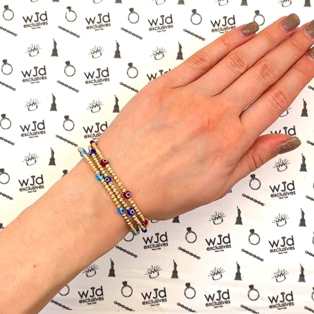 14K Gold Diamond-Cut Ball Beaded Evil Eye Bangle Bracelet 6.25"-7.5" Adjustable