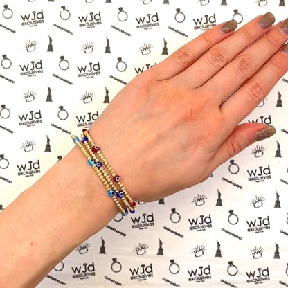 14K Gold Diamond-Cut Ball Beaded Evil Eye Bangle Bracelet 6.25"-7.5" Adjustable
