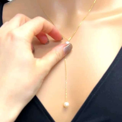 14K Yellow Gold .5mm Cable Chain Necklace 17" Cultured Pearl Drop Lariat Pendant