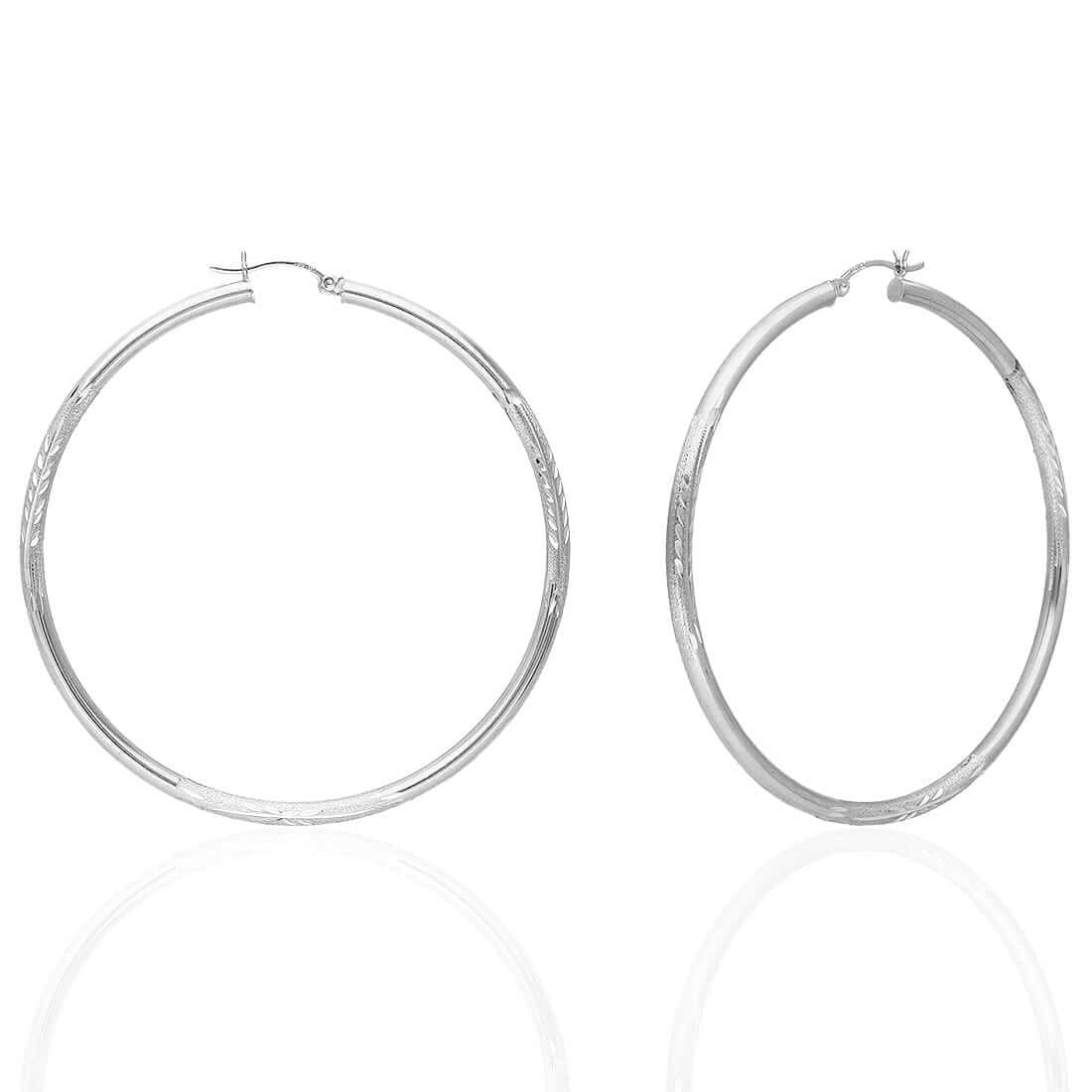 14K Solid Yellow & White Gold 3mm Diamond-Cut Finish Hoop Earrings 19-75mm