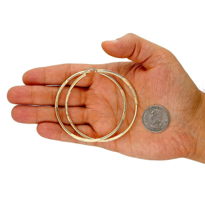 14K Solid Yellow & White Gold 3mm Diamond-Cut Finish Hoop Earrings 19-75mm