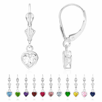 14K White Gold Bezel Heart Simulated Birthstone Leverback Dangle Earrings 5mm