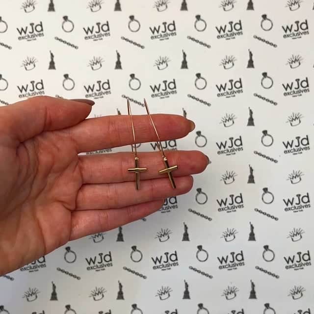 14K Yellow Gold Shiny Square Tube Drop Cross Euro Wire Clasp Earrings 2"